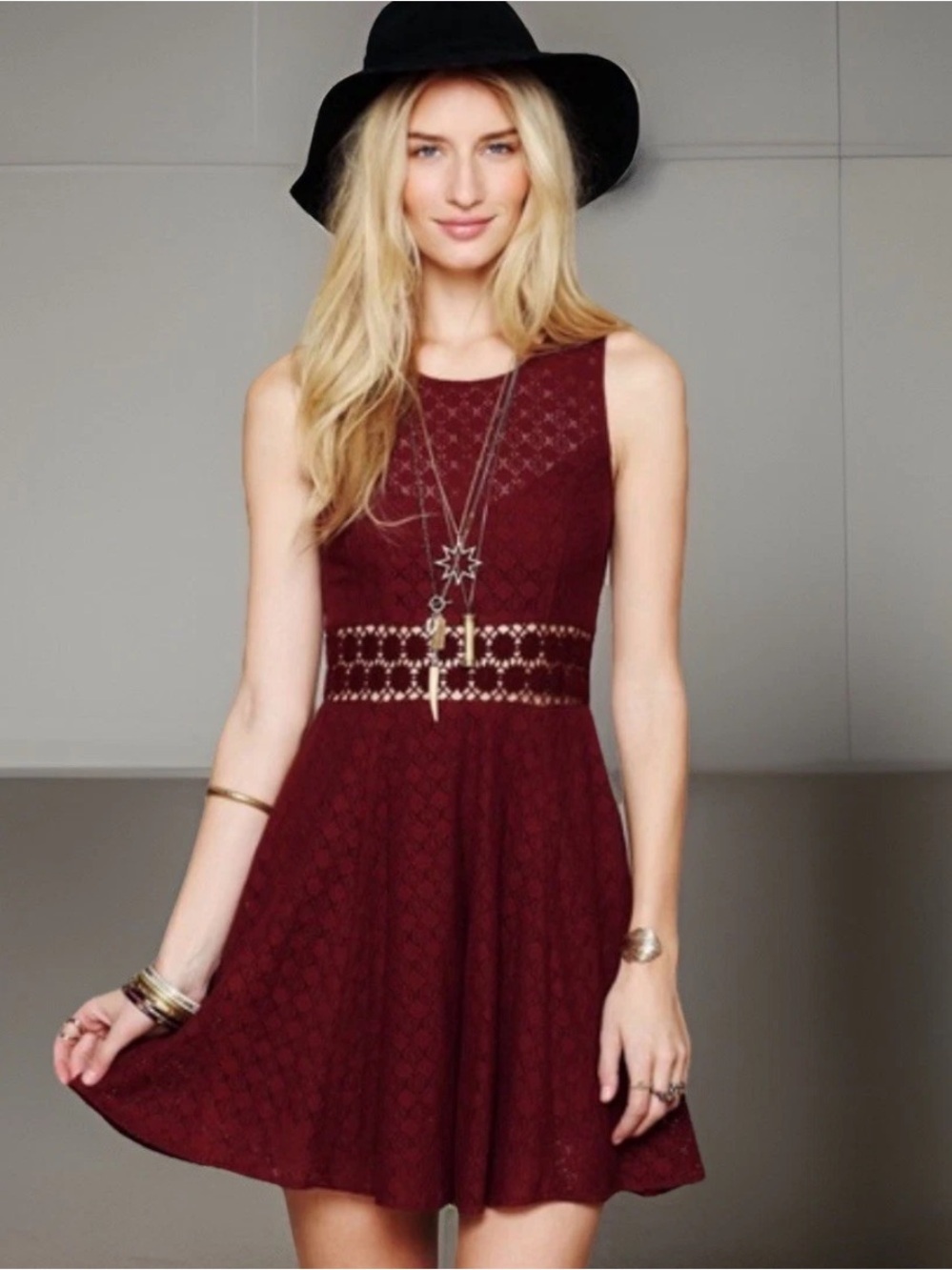FREE PEOPLE Dress Medium Burgundy Cutout Lace Daisy Waist Fit Flare Skater Dress